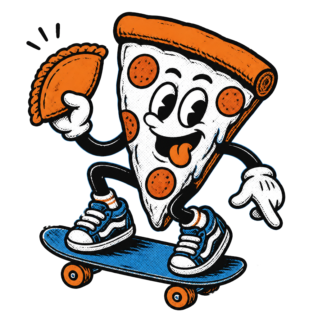 Pastelillos-maskot: en pizzabit på skateboard